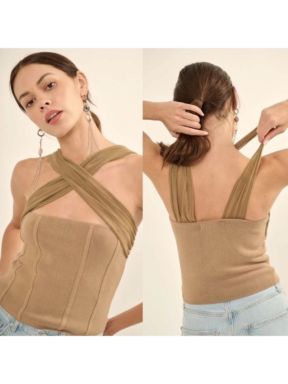 Promise the Label Shaper Fit Cross-Front Rib-Knit Corset Top in Taupe/Tan- NWOT